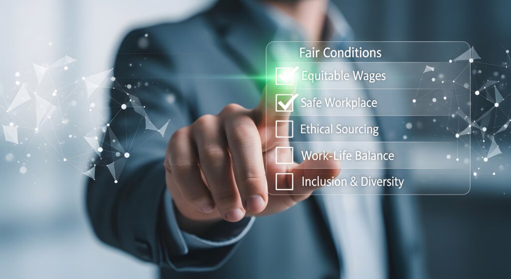 Professional's hand interacting with a virtual screen, selecting fair conditions like ethical sourcing, fair wages, and safe workplaces, representing corporate social responsibility goals